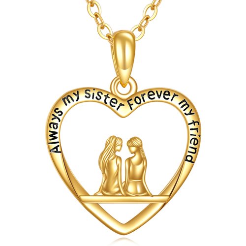 14K Gold Sisters & Heart Pendant Necklace with Engraved Word