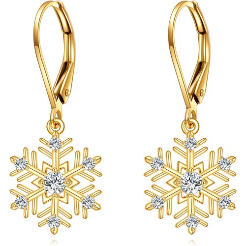 14K Gold Cubic Zirconia Snowflake Drop Earrings