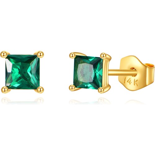 14K Gold Square Emerald Cubic Zirconia Stud Earrings
