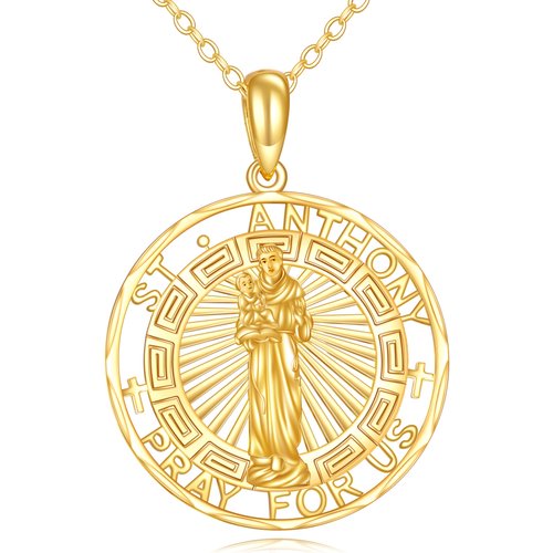14K Gold St. Anthony Pendant Necklace with Engraved Word