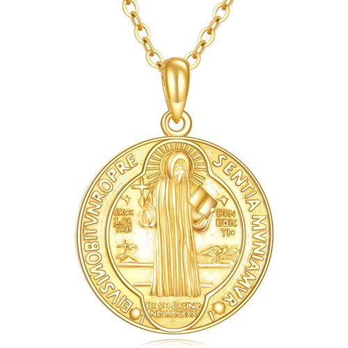 14K Gold St Benedict Medal Pendant Necklace for Men