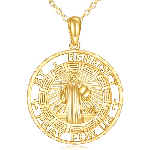 14K Gold St Benedict Medal Pendant Necklace