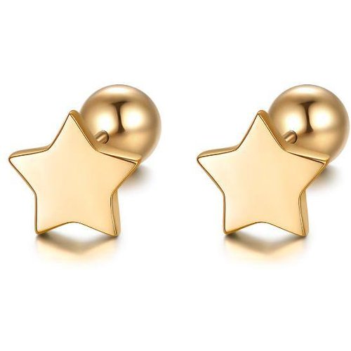 14k Gold Star And Ball Earrings Screw Back, Real Gold Double Sided Studs For Women