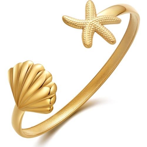 Sterling Silver with Yellow Gold Plated Star & Shell Plain Bangle Bracelet