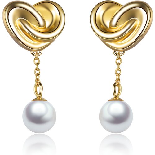 Sterling Silver with Yellow Gold Plated Round Pearl Heart Drop Earrings