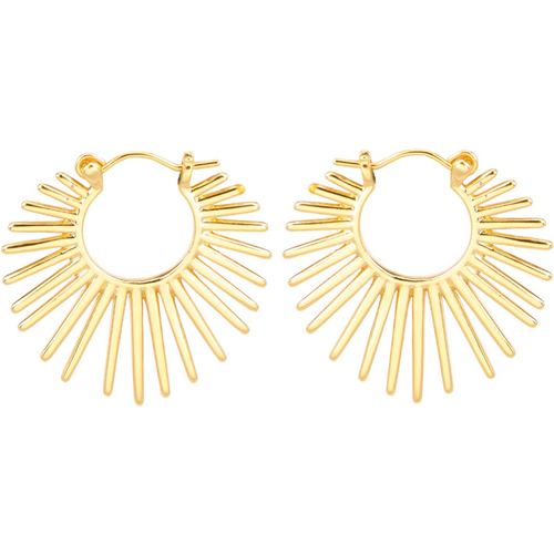Sterling Silver with Yellow Gold Plated Sunburst-Style Hinged Hoop Statement Chunky Textured Huggie Earrings