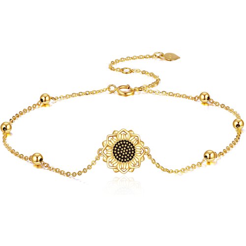 14K Gold Sunflower & Bead Charm Bracelet