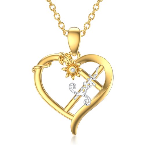 14K Gold Cubic Zirconia Sunflower & Cross & Heart Pendant Necklace with Engraved Word