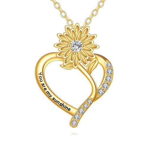 14K Gold Personalized Engraving Sunflower Heart Necklace for Women