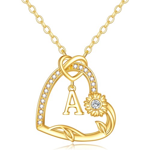 14K Gold Cubic Zirconia Sunflower Heart With Heart Pendant Necklace With Initial Letter A For Women