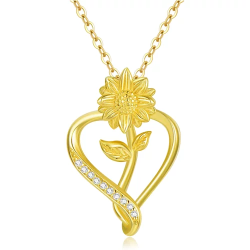 14K Gold Cubic Zirconia Sunflower & Heart Pendant Necklace