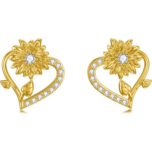 14K Gold Cubic Zirconia Sunflower & Heart Stud Earrings