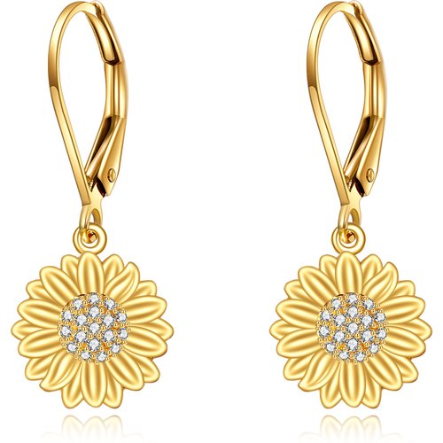 14K Gold Cubic Zirconia Sunflower Lever-back Earrings