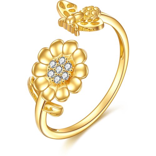 14K Gold Cubic Zirconia Sunflower Open Ring