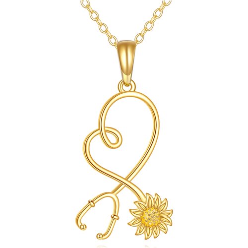 14K Gold Sunflower & Stethoscope Pendant Necklace