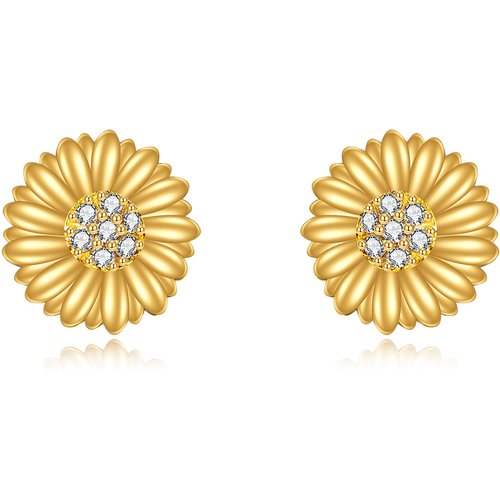 14K Gold Cubic Zirconia Sunflower Stud Earrings
