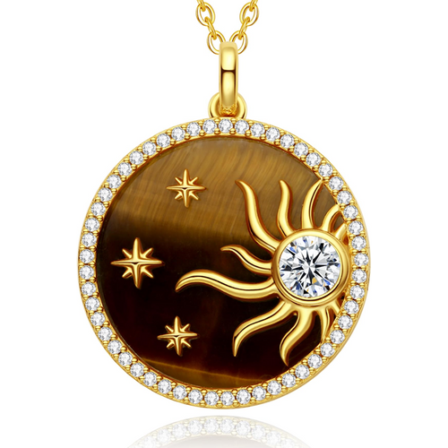 Sterling Silver with Yellow Gold Plated Cubic Zirconia & Tiger's Eye Star & Sun Pendant Necklace