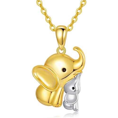 14K Gold Two-tone Elephant Mom & Baby Pendant Necklace
