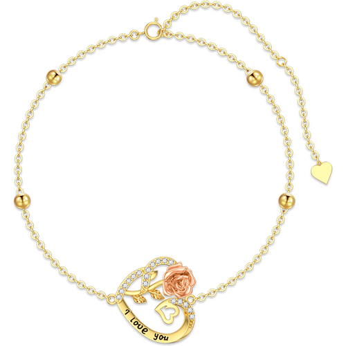 14K Gold Two-tone Heart Pendant With Cubic Zirconia Single Layer Anklet