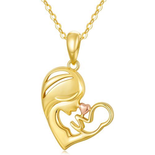 14K Gold Two-tone Mother & Daughter Heart Pendant Necklace