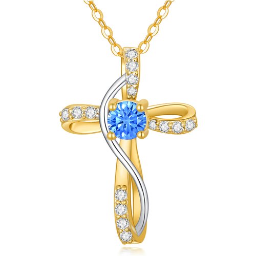 14K Gold Cubic Zirconia & Topaz Cross Pendant Necklace