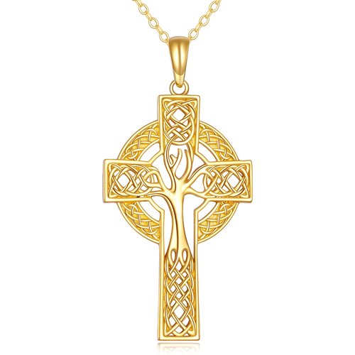 14K Yellow Gold Tree Of Life With Celtic Knot Cross Pendant Necklace For Women