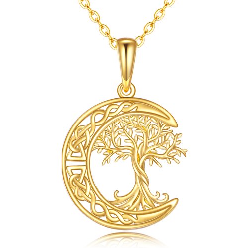14K Yellow Gold Tree Of Life With Celtic Knot Moon Pendant Necklace For Women