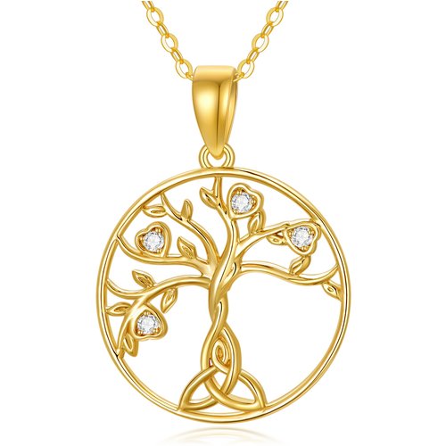 14K Gold Cubic Zirconia Tree Of Life & Celtic Knot Pendant Necklace
