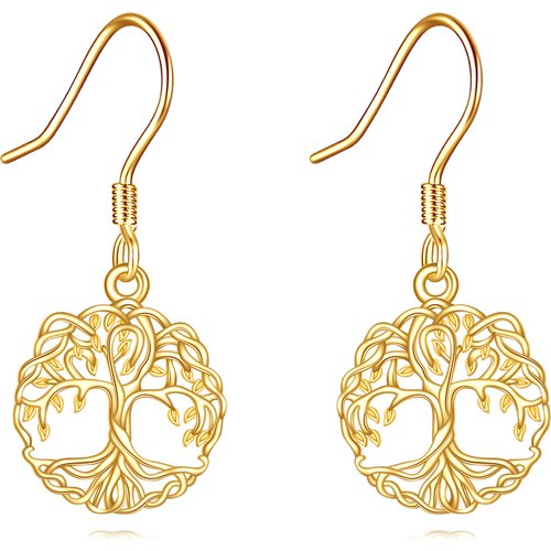 14K Gold Tree Of Life Drop Earrings