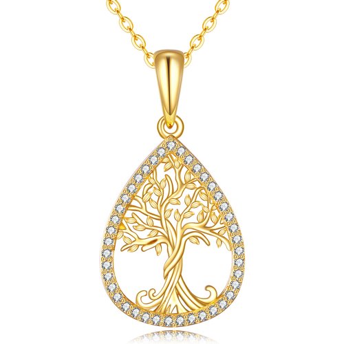 14K Gold Cubic Zirconia Tree Of Life & Drop Shape Pendant Necklace