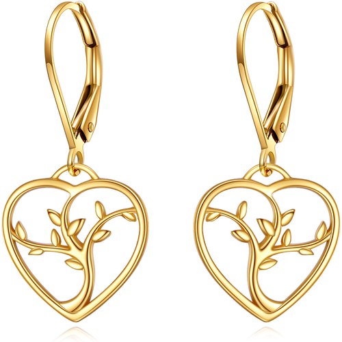 14K Gold Tree Of Life & Heart Drop Earrings