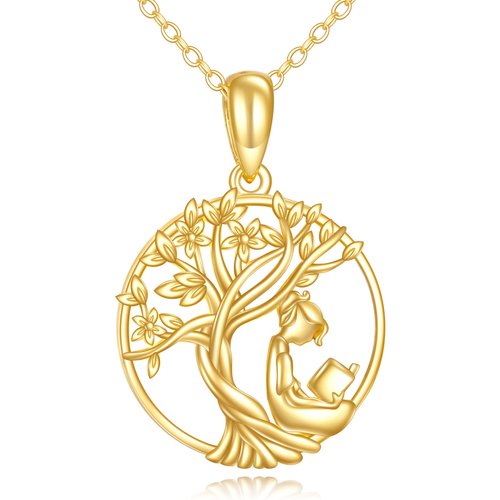 14K Gold Tree Of Life &Read Book Pendant Necklace
