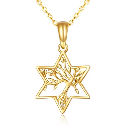 14K Gold Tree Of Life & Star Of David Pendant Necklace For Women