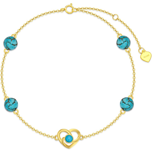 14K Gold Turquoise Celtic Knot & Heart With Heart Charm Bracelet for Women
