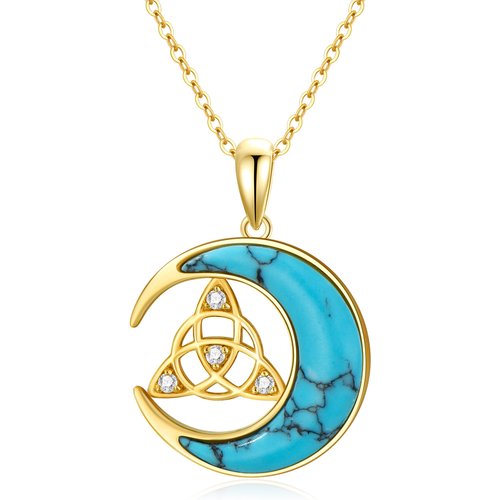14K Gold Turquoise Celtic Knot & Moon Necklace for Women