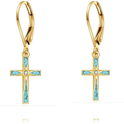 14K Gold Turquoise Cross Drop Earrings