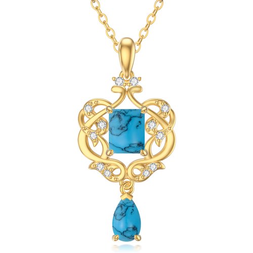 14K Gold Turquoise & Cubic Zirconia Heart Pendant Necklace