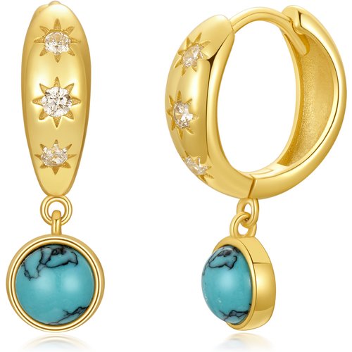 14K Gold Cubic Zirconia & Turquoise Round Drop Earrings for Women