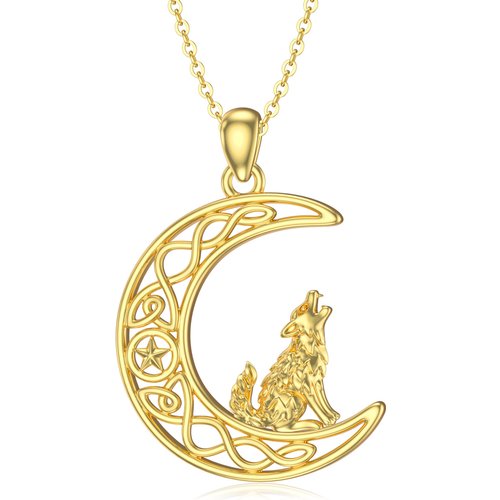 14K Gold Wolf Celtic Knot Moon Star Necklace for Women