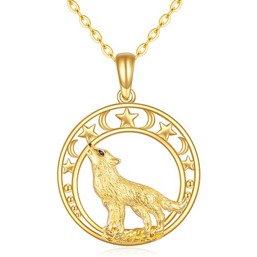 14K Gold Wolf & Moon Star Pendant Necklace For Women Best Friends
