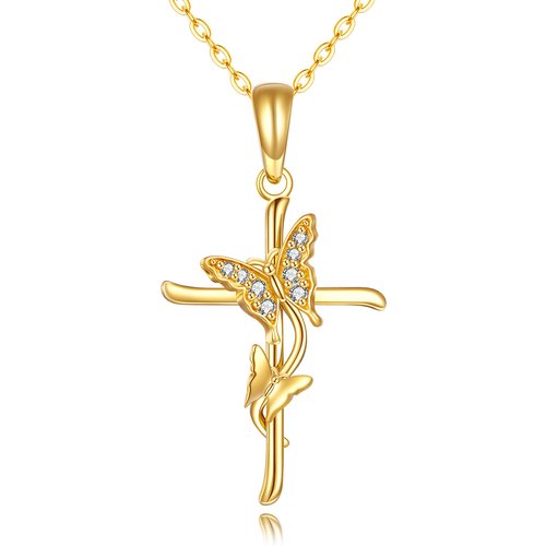 14K Gold Zircon Butterfly & Cross Pendant Necklace