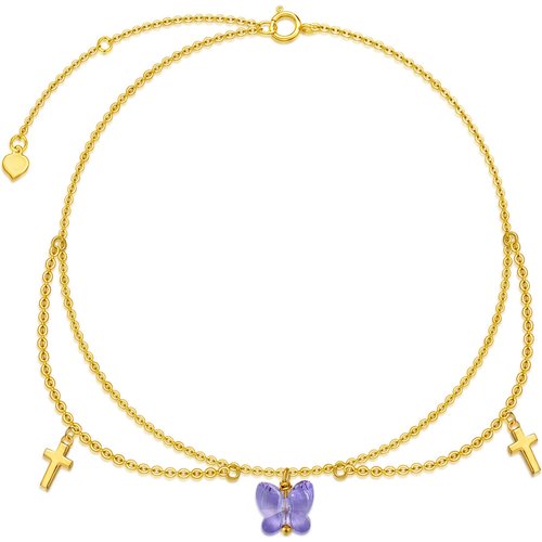 14K Gold Zircon Butterfly & Cross Single Layer Anklet