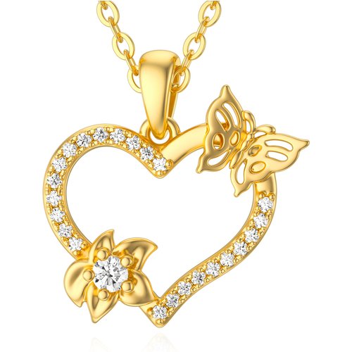 14K Gold Zircon Butterfly & Heart Pendant Necklace