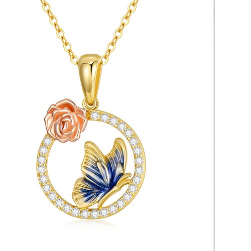 14K Gold Zircon Butterfly & Rose Pendant Necklace