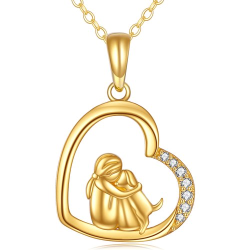 14K Gold Zircon Dog & Heart Pendant Necklace