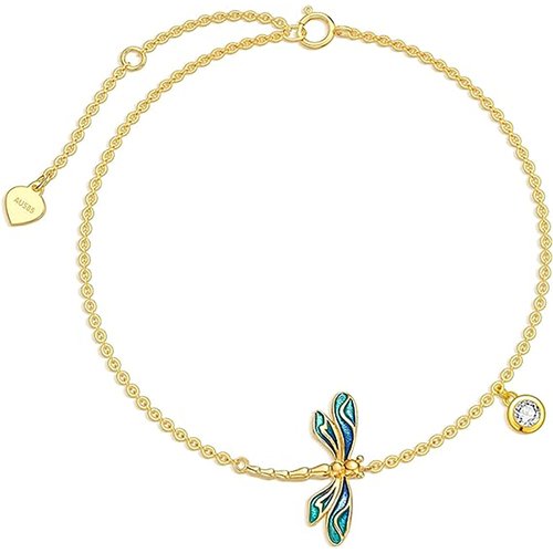 14K Gold Zircon Dragonfly Single Layer Charm Anklet