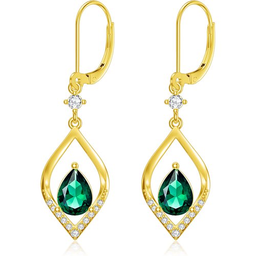 14K Gold Zircon Drop Shape Lever-back Earrings