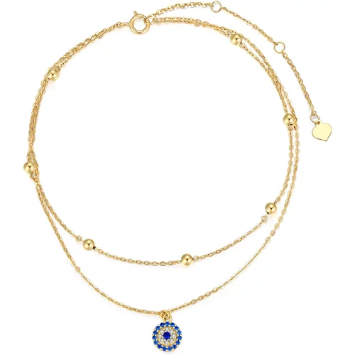 14K Gold Zircon Evil Eye Multi-layered Charm Anklet