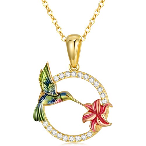 14K Gold Zircon Hummingbird Pendant Necklace