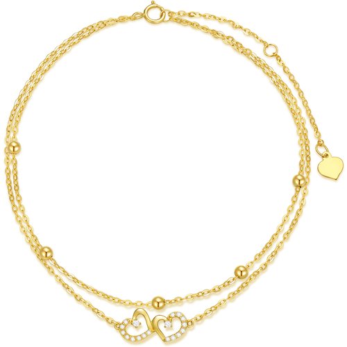 14K Gold Round Cubic Zirconia Bead & Heart With Heart Multi-layered Charm Anklet